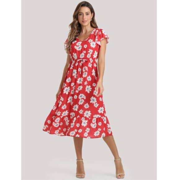 89th & Madison | NEW Red Floral Flutter Sleeve Midi Dress - Size M - Picture 1 of 13